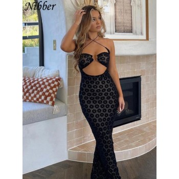 Nibber Solid Color Maxi Dress Sexy Hollow Women Perspective Bag Hips Robe Trendy Street Dresses Clothing